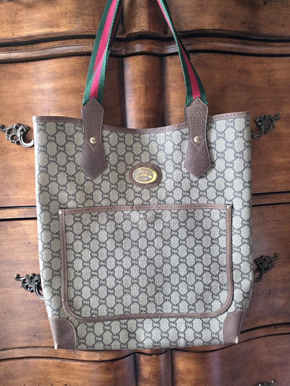 Authentic Vintage Gucci Plus GG Supreme Front Pocket Web Tote Bag Brown